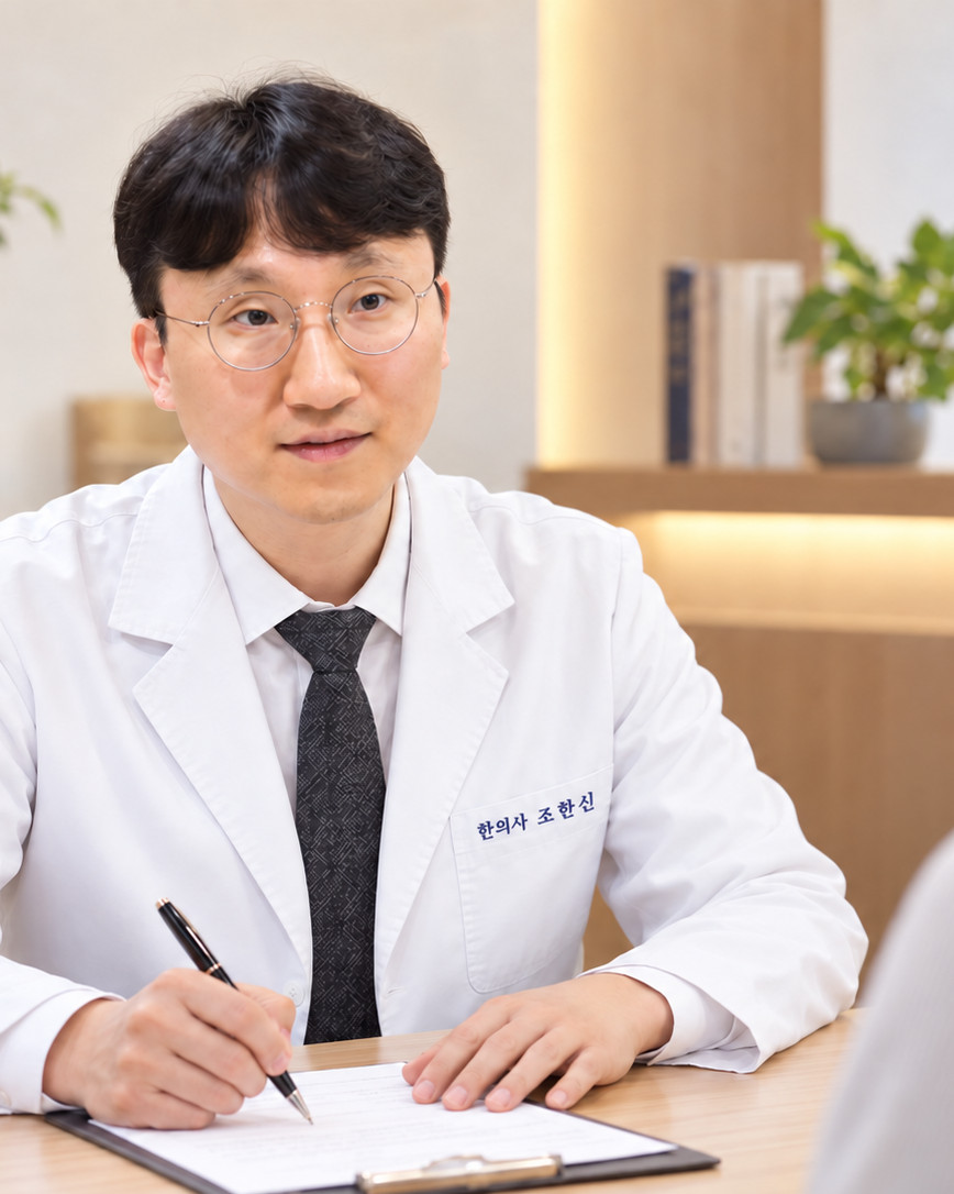 조한신 대표원장이 환자와 마주 앉아 서류에 진료 내용을 적으며 상담하는 모습