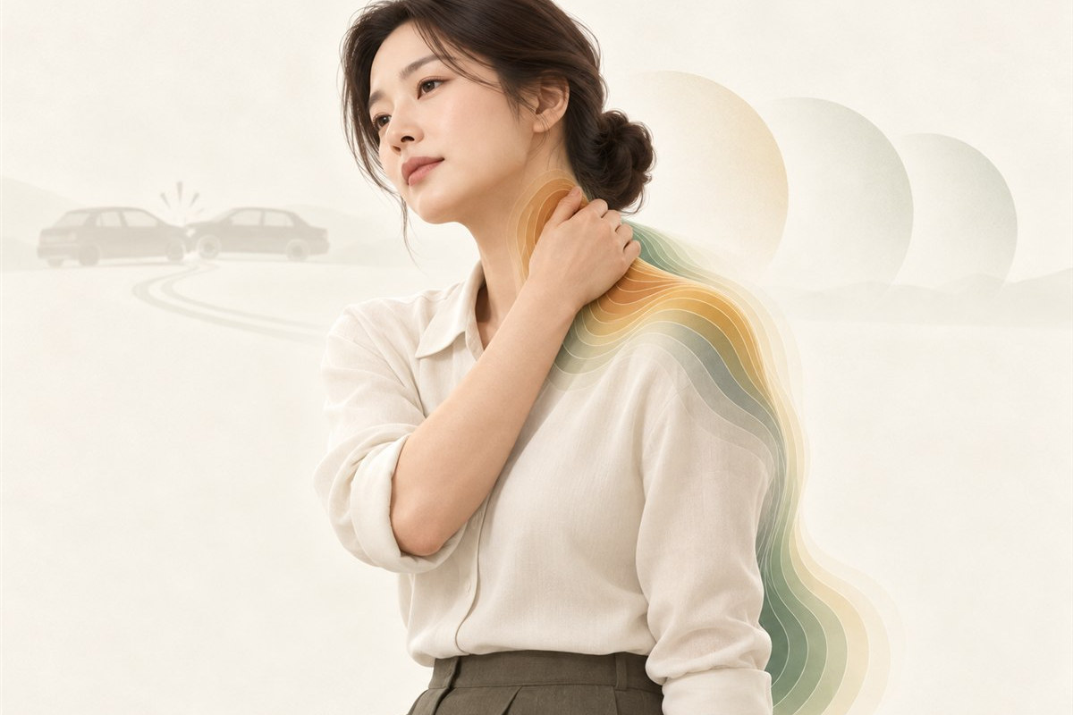 교통사고 뒤 며칠 지나 목과 어깨에 통증이 나타난 모습