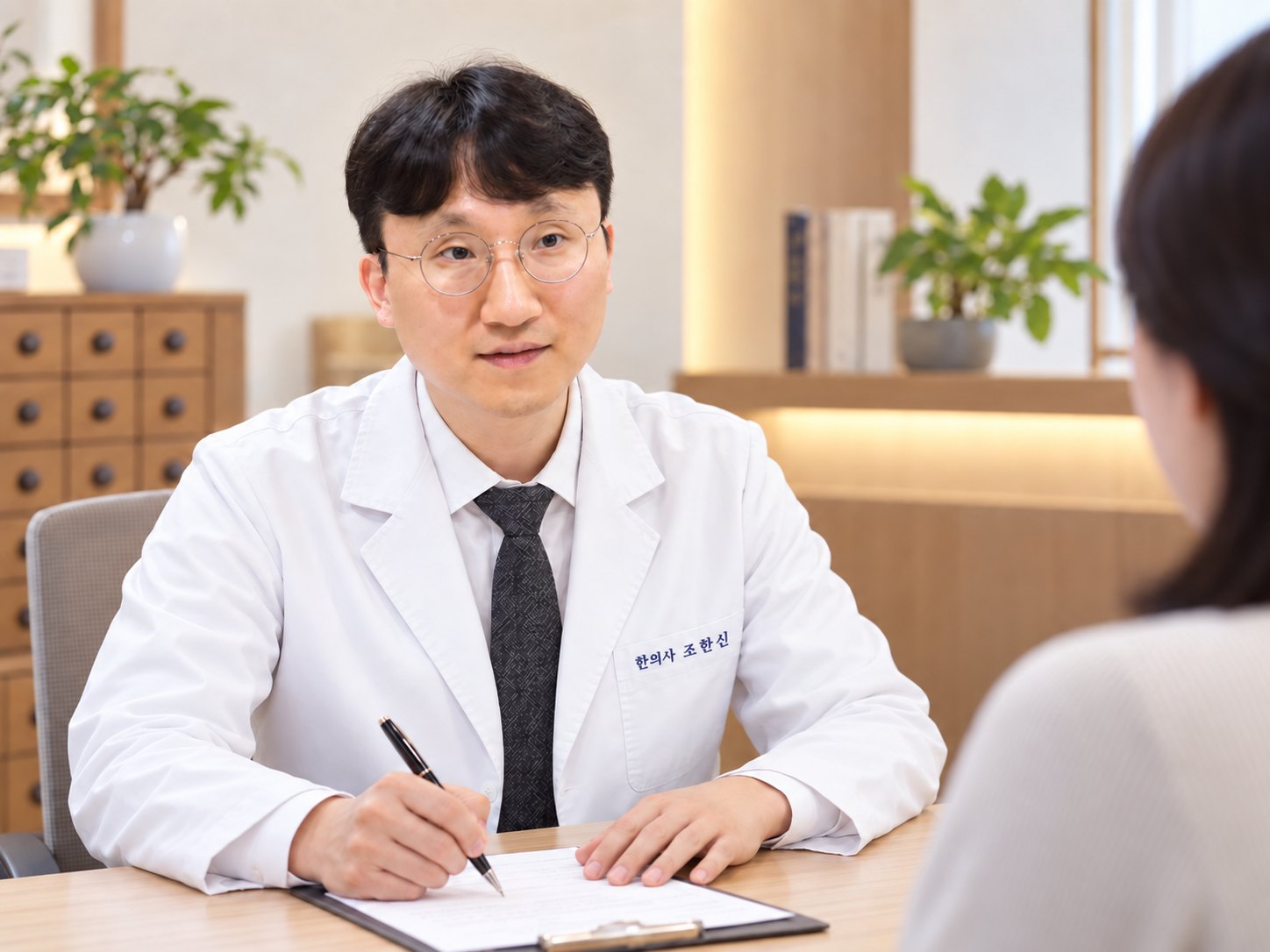 조한신 대표원장이 진료실에서 환자와 마주 앉아 상담하는 모습