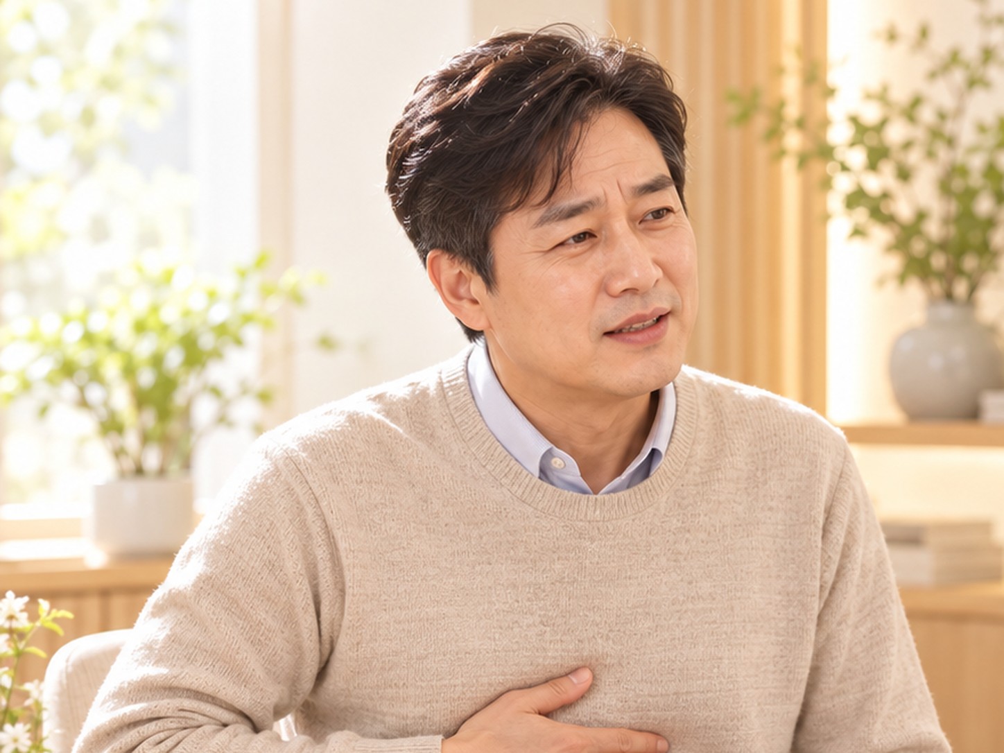 명치와 윗배를 짚으며 소화불량으로 불편해하는 환자의 모습