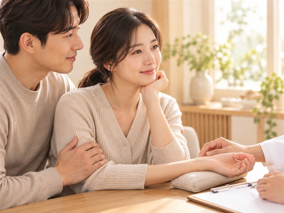 임신을 준비하는 부부가 함께 진맥과 상담을 받는 모습