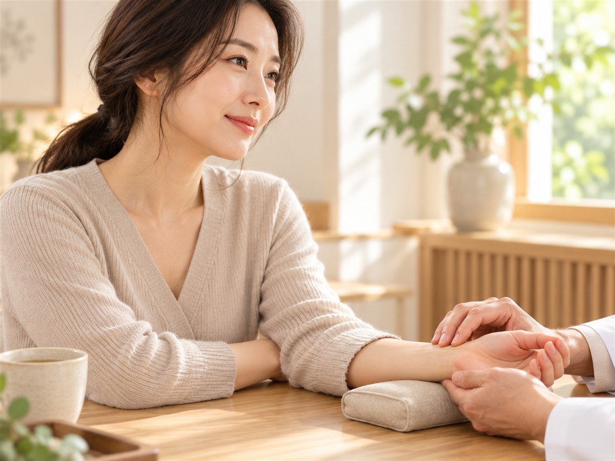 월경 주기와 몸 상태를 들으며 진맥하는 상담 모습