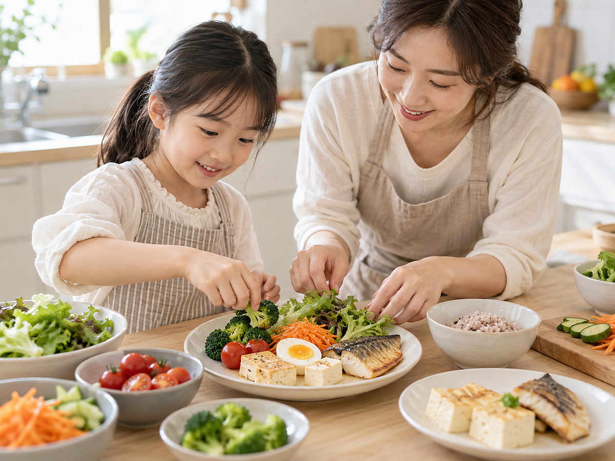 보호자와 함께 단백질과 채소를 고르게 차린 밥상을 준비하는 아이