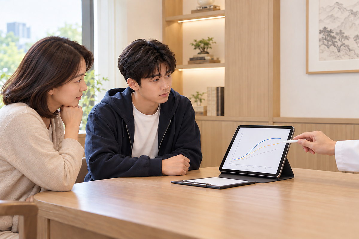 성장 곡선을 보며 남은 성장 기간을 상담받는 청소년과 보호자