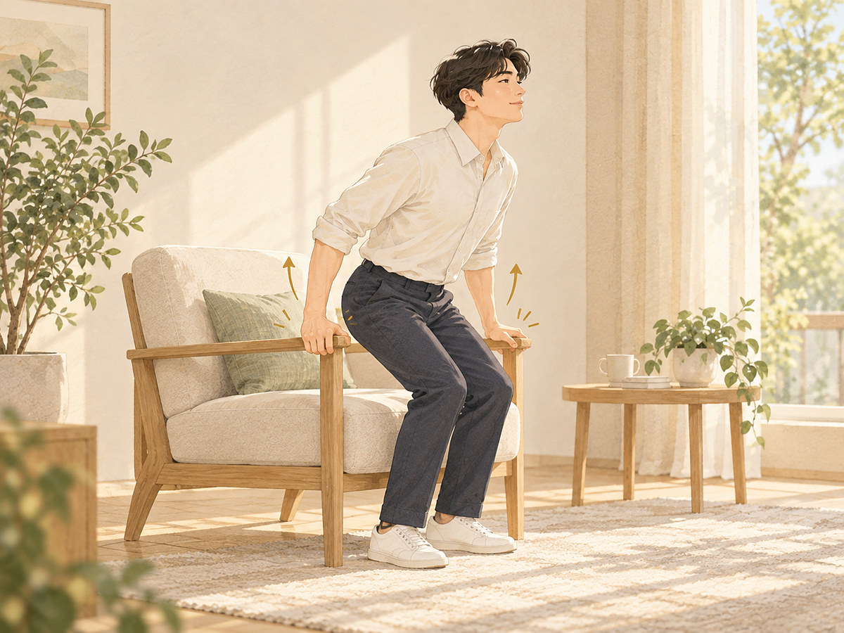 의자에서 바르게 앉고 일어서는 모습