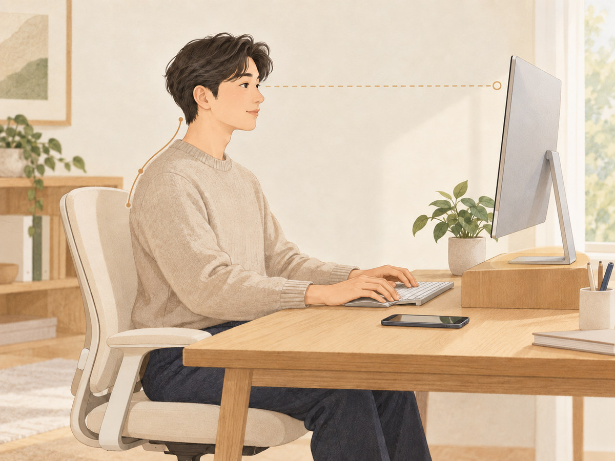 모니터를 눈높이에 맞춰 바른 자세로 앉아 일하는 모습