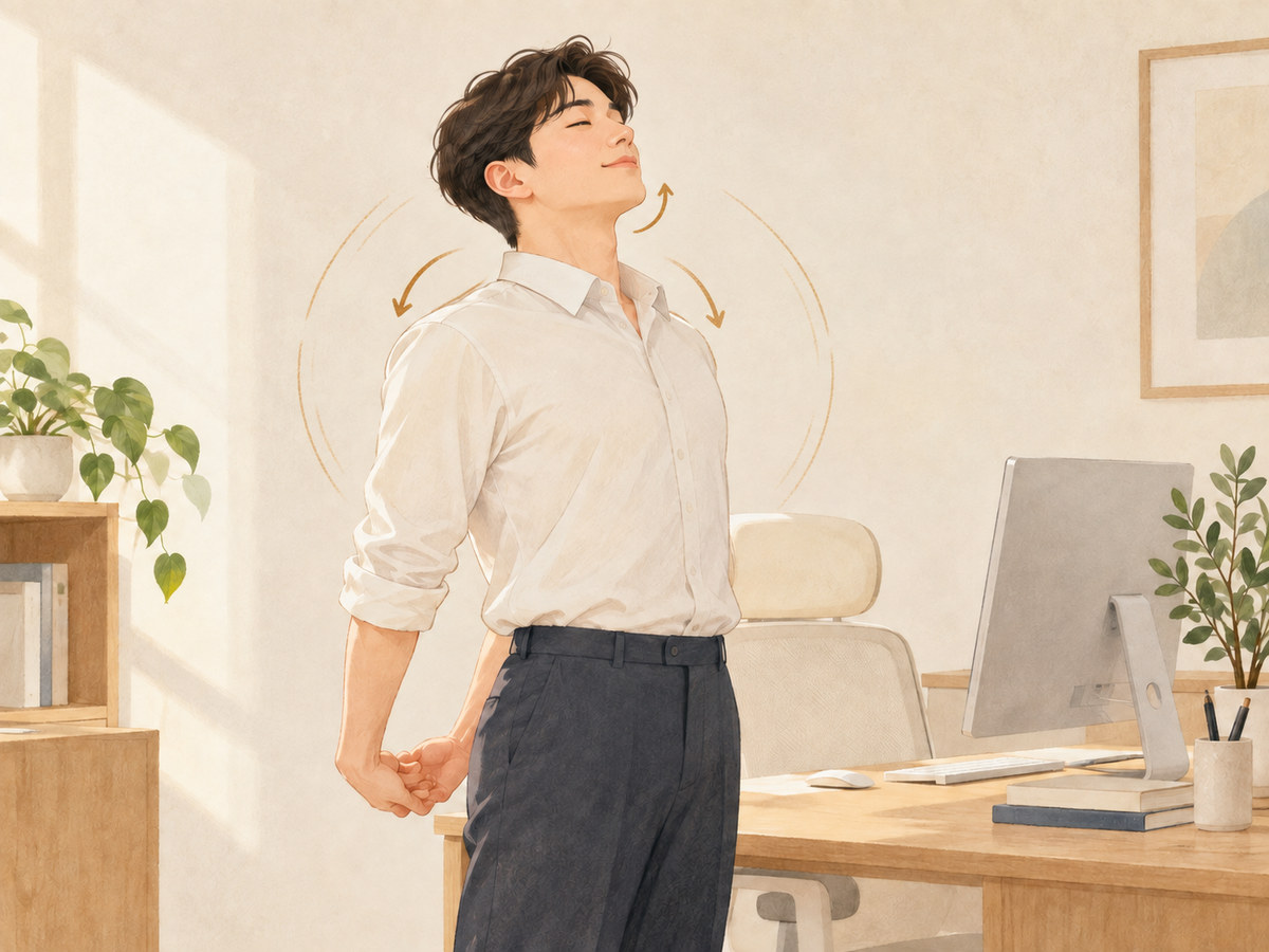 책상에서 일어나 어깨를 뒤로 돌리며 몸을 펴는 모습