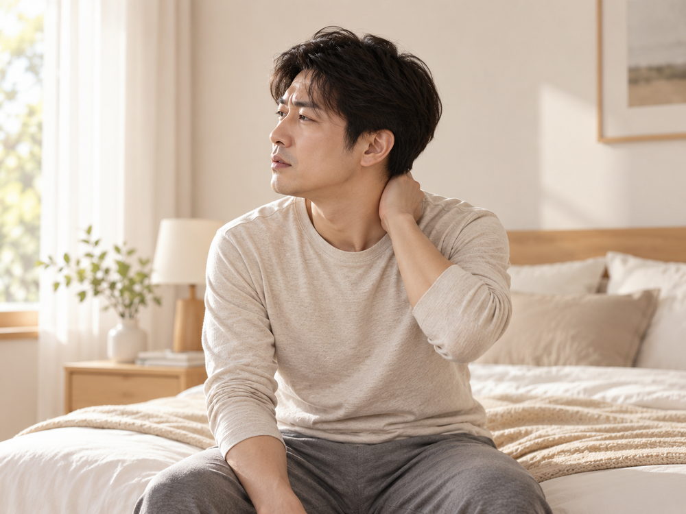 자고 일어나 침대에 앉아 목을 짚고 있는 모습