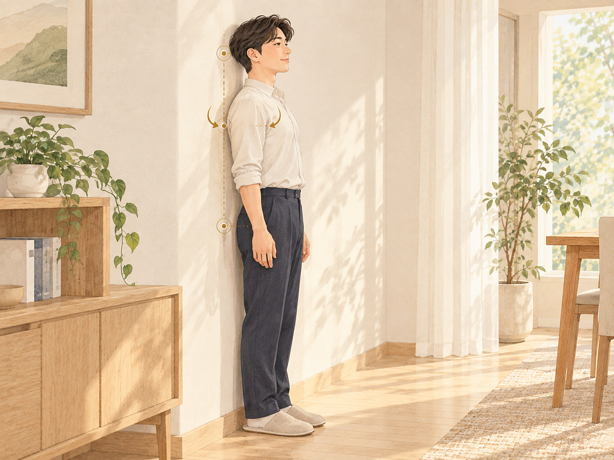 등과 어깨를 펴고 바른 자세로 앉은 모습