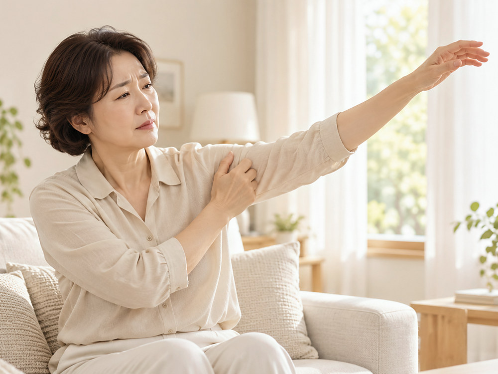 어깨가 굳어 팔을 들어 올리기 힘들어하는 모습