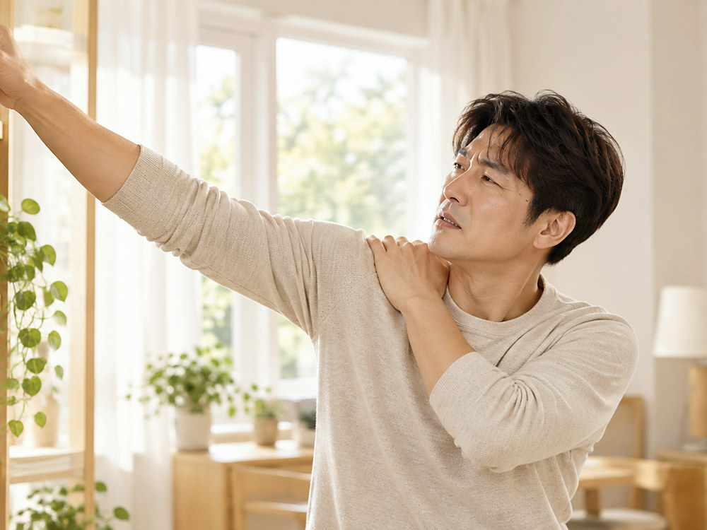팔을 올리다가 어깨 통증을 느끼는 모습