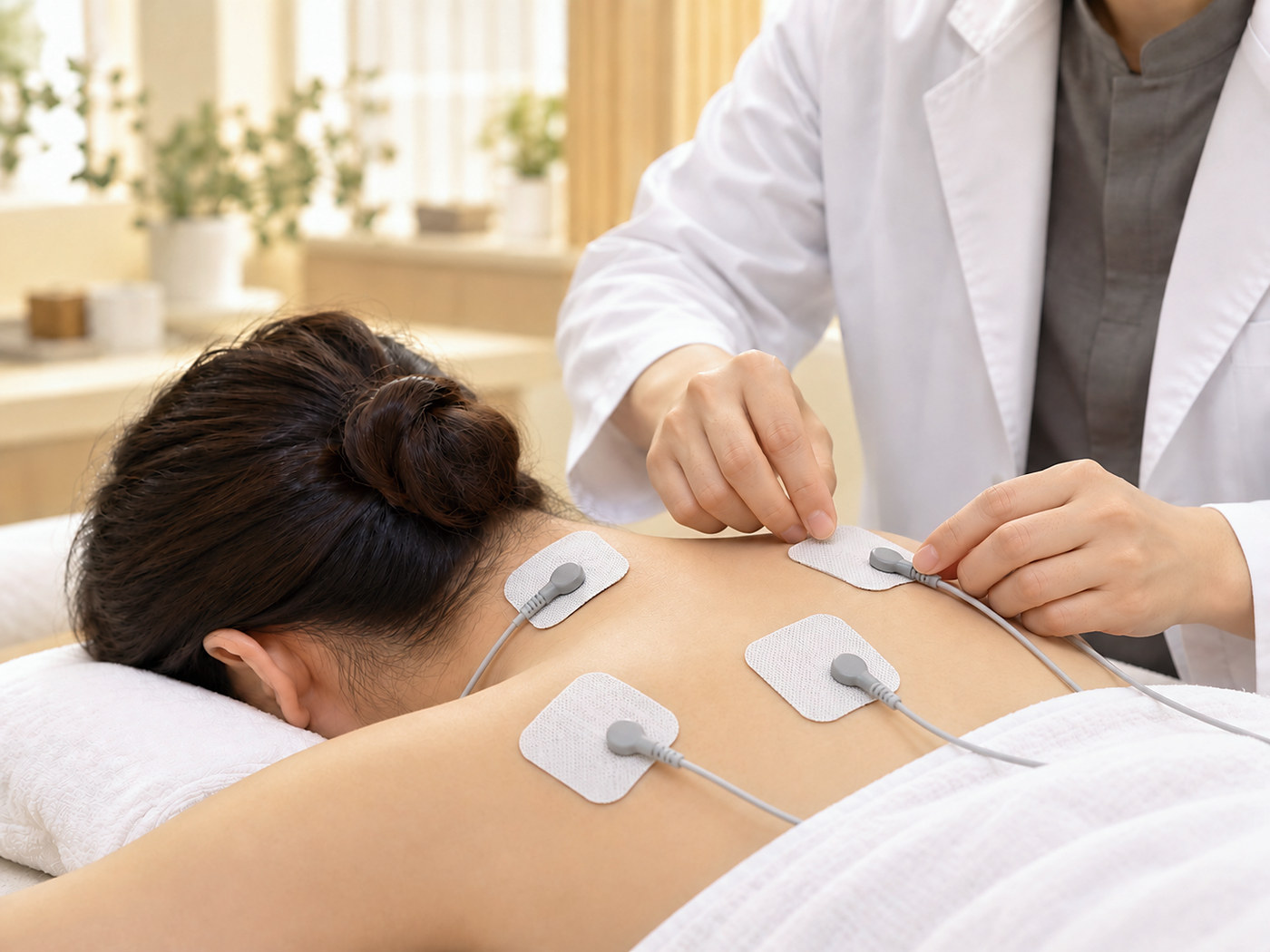 어깨에 전기 자극 물리요법을 받는 모습
