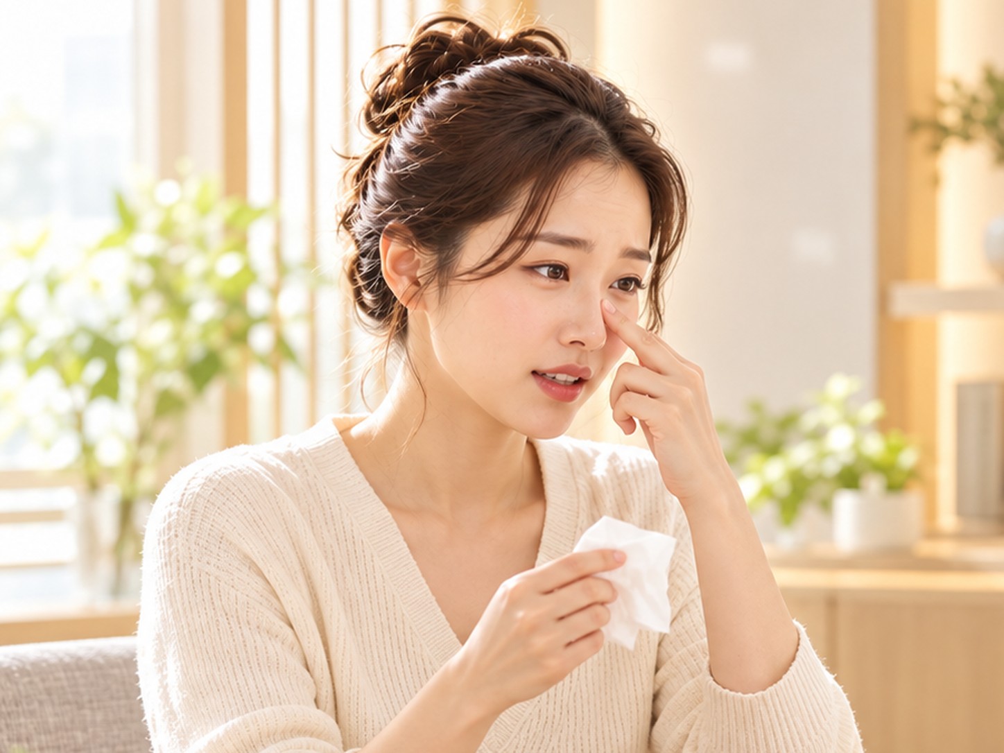 코막힘과 코 자극으로 불편함을 느끼는 환자의 모습