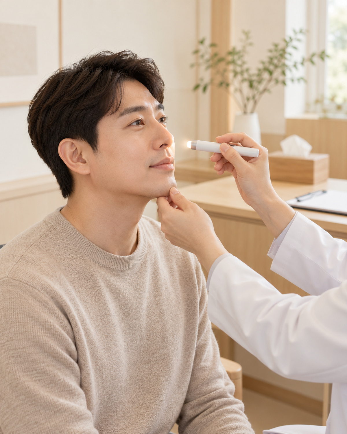 코 상태를 살피며 증상과 체질을 함께 확인하는 진찰 모습