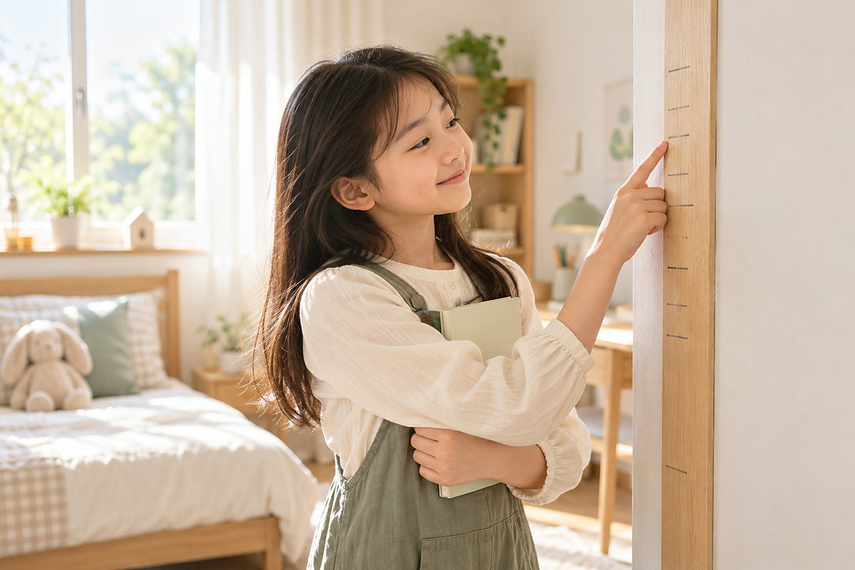 벽에 표시한 키 눈금에 손을 대고 자란 키를 확인하는 아이