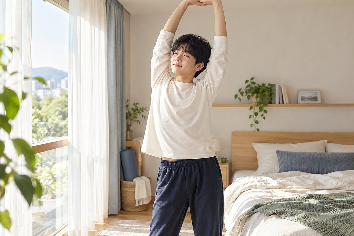 아침에 일어나 기지개를 켜는 아이